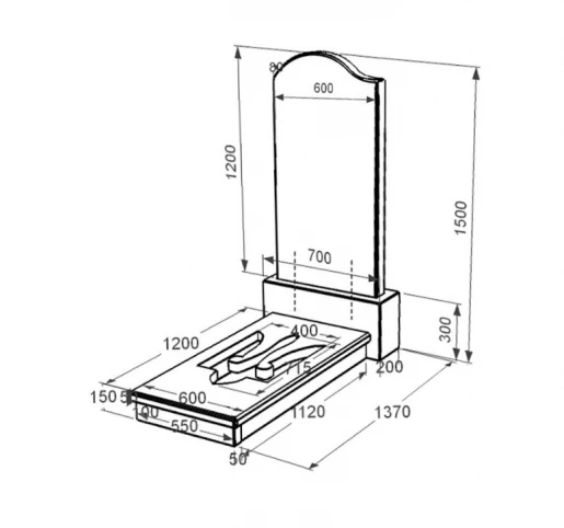 Розміри Пам'ятник надгробок із граніту дівчинам одинарний із чорного граніту Коростишів з хвилею та Тризубом вирізаним к8-kor-npf-120-60-08-011