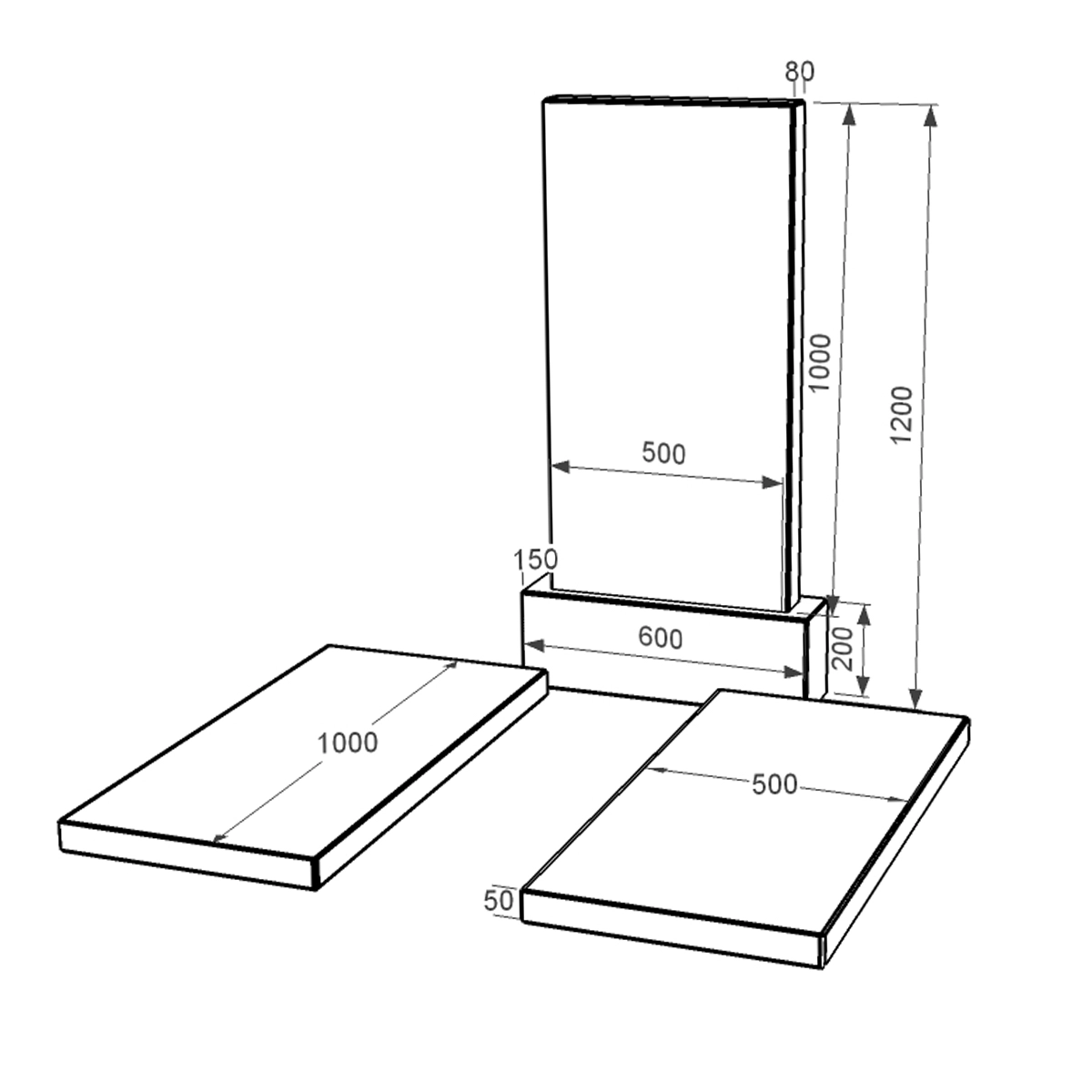 Розміри Гранітний пам'ятник висотою 120 см 1200x600x1150 подвійний із чорного граніту Коростишівського кар'єру серія Базіс 001 к99-kor-npf-100-50-08-001