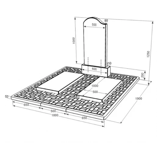 Розміри Пам'ятник із граніту з надгробною плитою подвійний із чорного граніту Коростишів з хвилею різьблений к17-kor-npf-100-50-08-011-l-pbd2