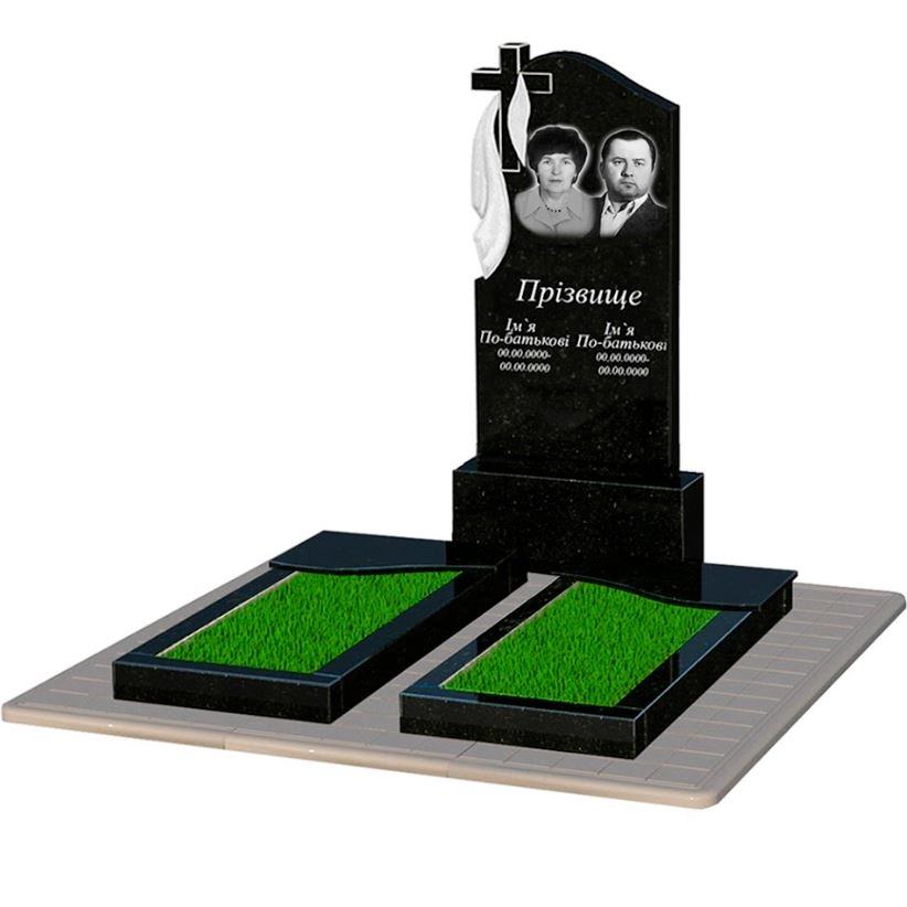 Основне Гранітна плита на могилу з хвилею різьблений подвійний із чорного граніту Коростишів к15-kor-pf-120-60-08-142-pbd3