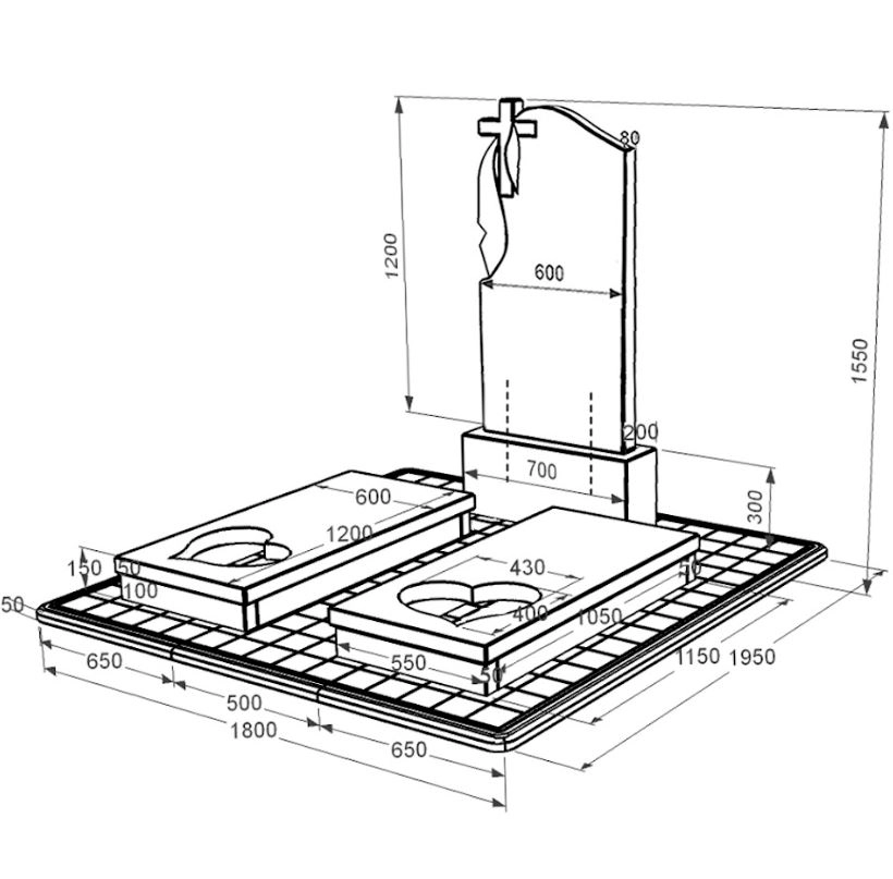 Розміри Гранітний пам'ятник фігурної форми подвійний із чорного граніту Коростишів з серцем різьблена робота к20-kor-npf-120-60-08-142-pbd3
