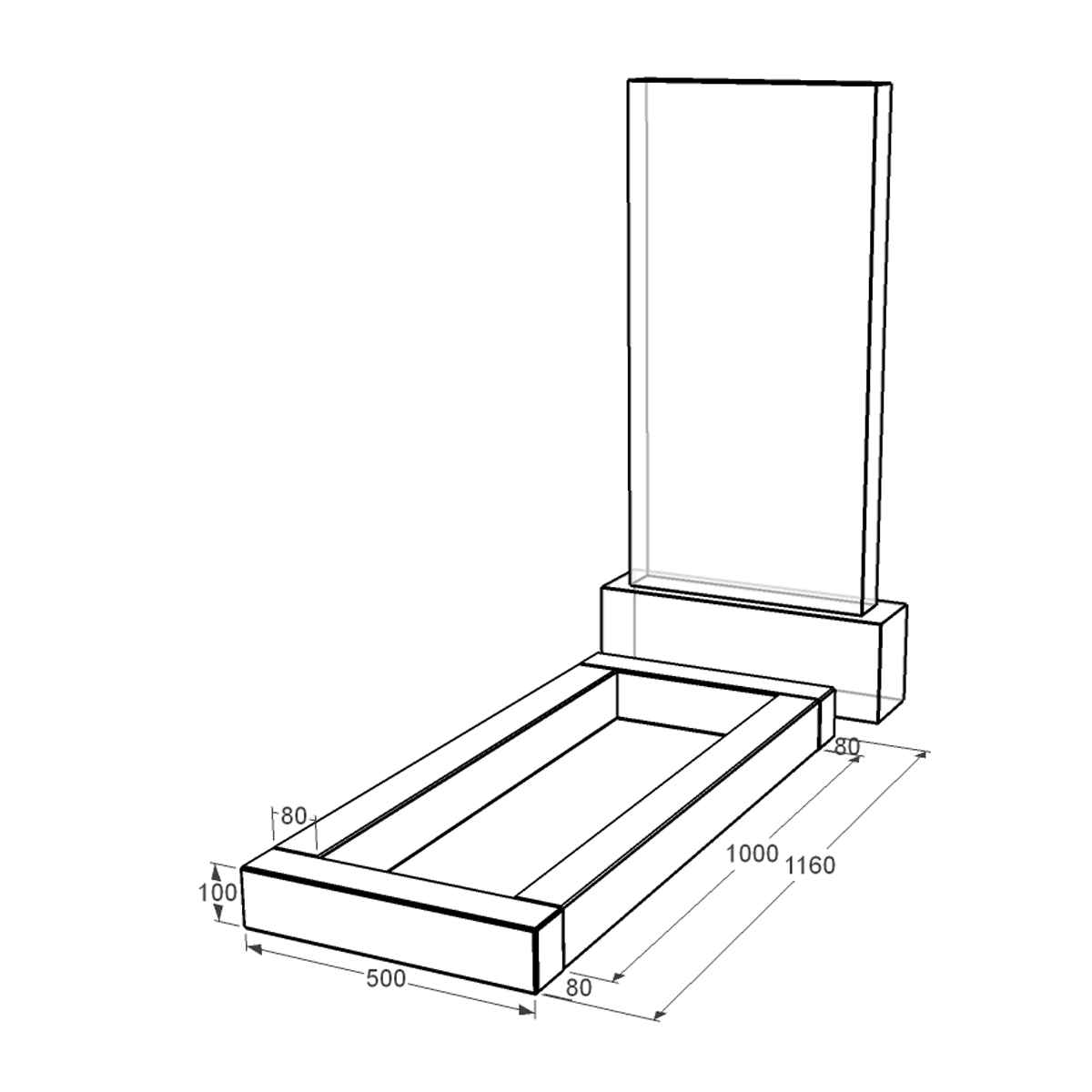Размеры Цветник на могилу с полированными фасками 1160x500x100 из гранита серия Базис Коростышевского карьера cv-kor-pf-1160-500-Bazys-4
