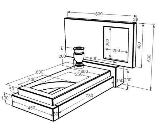 Розміри Мармуровий пам'ятник жіночий одинарний з білого мармуру Волокас з вирізаним куточком к24-vol-pf-40-80-05-001