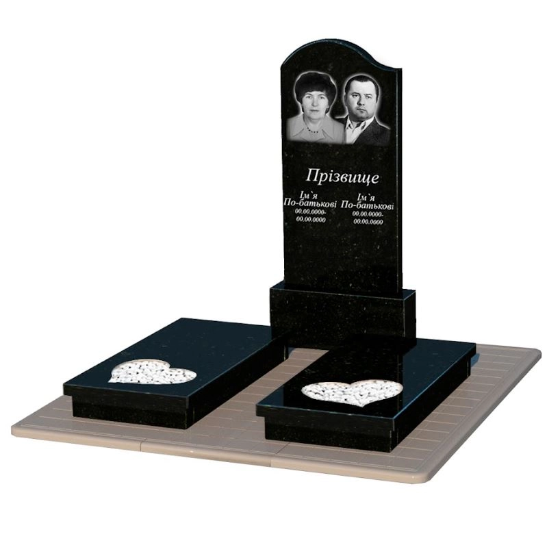 Основне Гранітний пам'ятник надгробок з чорною стелою подвійний із чорного граніту Коростишів із серцем різьблена робота к20-kor-pf-120-60-08-011-l-pbd3