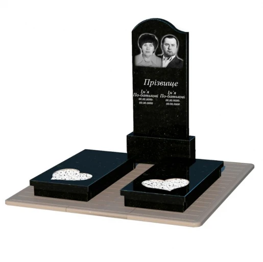 Гранітний пам'ятник надгробок з чорною стелою подвійний із чорного граніту Коростишів із серцем різьблена робота к20-kor-pf-120-60-08-011-l-pbd3