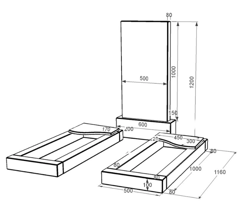 Розміри Пам'ятник із граніту сімейний подвійний із чорного граніту Коростишів з хвилею різьблений к16-kor-pf-100-50-08-001