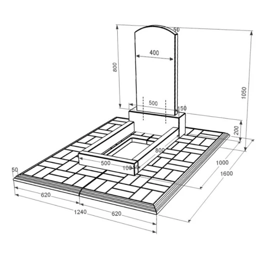 Размеры Гранитный памятник с цветником без плиты одинарный из черного гранита Коростышев с дугой резной к2-kor-npf-80-40-05-009-pbd1