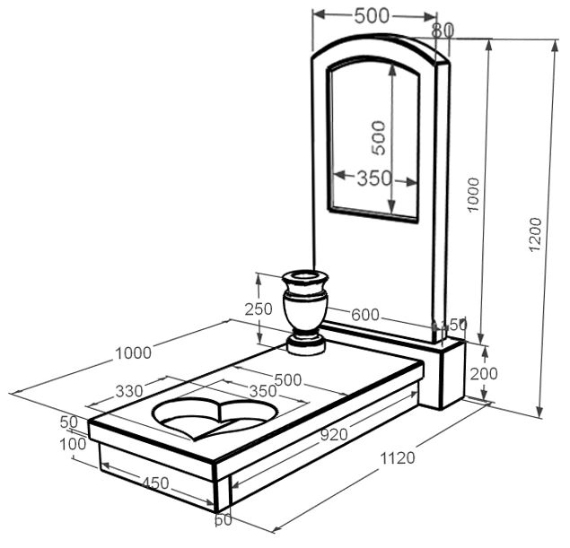 Розміри Мармуровий пам'ятник на могилу у формі дуги одинарний з білого мармуру Волокас з серцем різьблена робота к11-vol-pf-100-50-08-009
