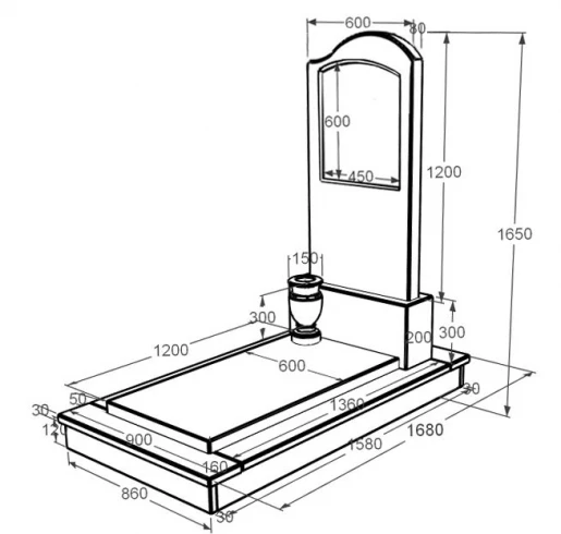 Размеры Мраморный памятник стела 120х60 см одинарный из мрамора Дайна с волной резной к7-dan-pf-120-60-08-011-r-ck