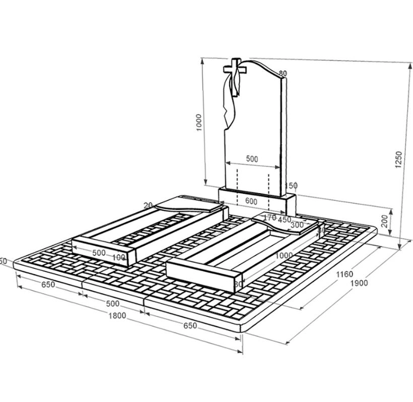 Розміри Гранітний пам'ятник з хвилею різьблений подвійний із чорного граніту Коростишів к16-kor-pf-100-50-08-142-pbd2