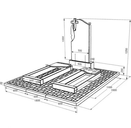 Розміри Гранітний пам'ятник з хвилею різьблений подвійний із чорного граніту Коростишів к16-kor-pf-100-50-08-142-pbd2
