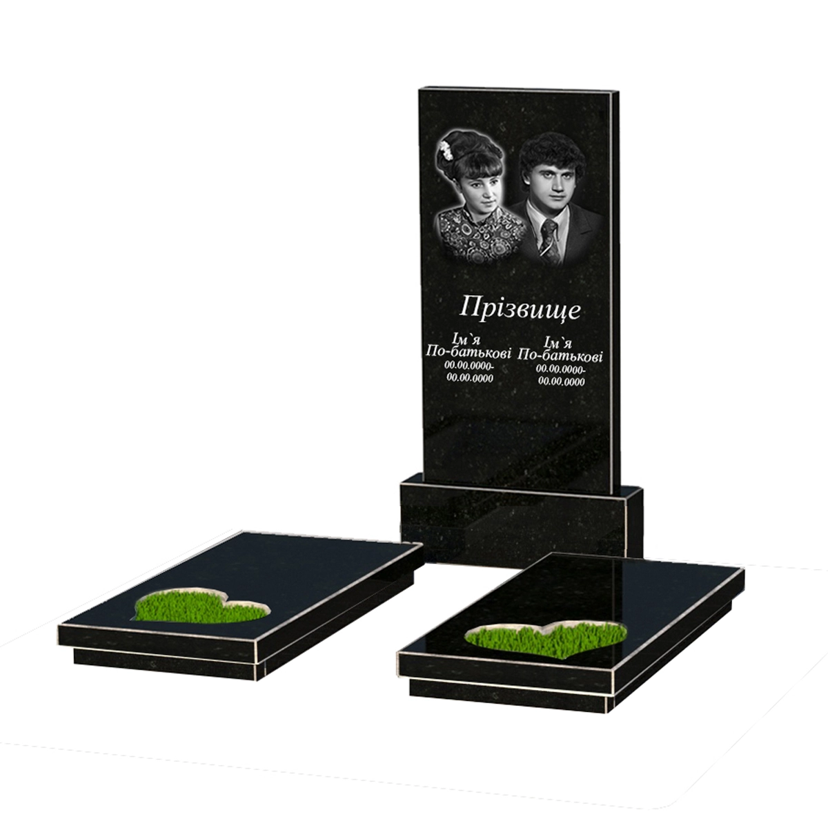 Основное Памятник на кладбище из гранита высотой 120 см двойной из черного гранита Коростышев с сердцем резная работа к20-kor-npf-100-50-08-001