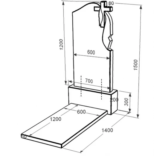 Размеры Гранитный памятник на могилу стела 120х60 см одинарный из черного гранита Коростышев с крестом и плащаницей резной к7-kor-npf-120-60-08-142-r