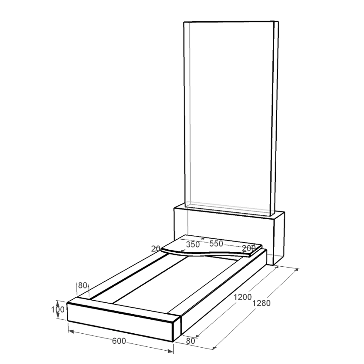 Розміри Квітник на могилу широкий 1280x600x100 з граніту серія Базіс із неполірованими фасками Коростишівського кар'єру cv-kor-npf-1280-600-3-volna-1-st