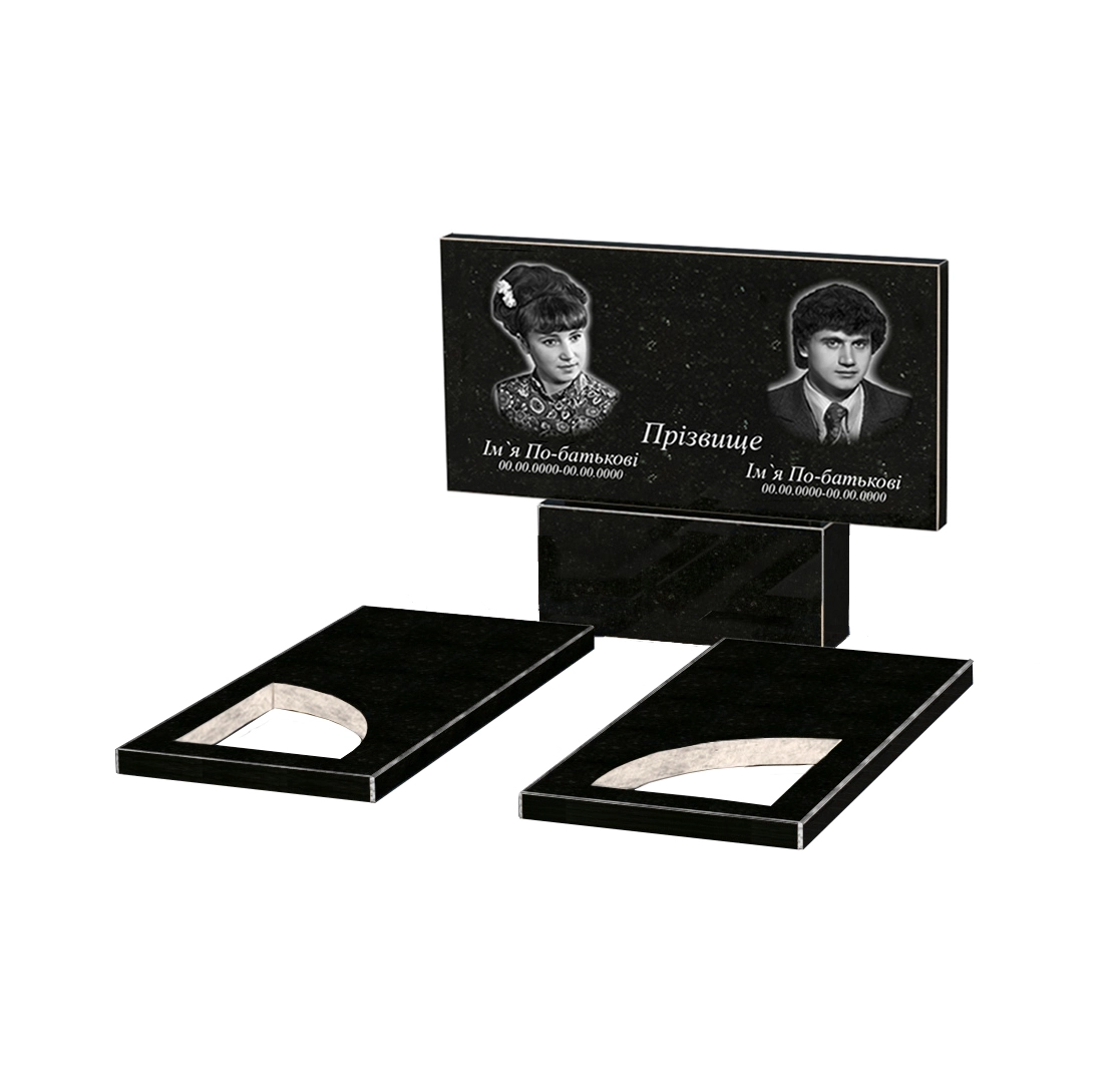 Без декору Гранітний пам'ятник з надгробною плитою подвійний із чорного граніту Коростишів з вирізаним куточком к18-kor-npf-60-120-08-001