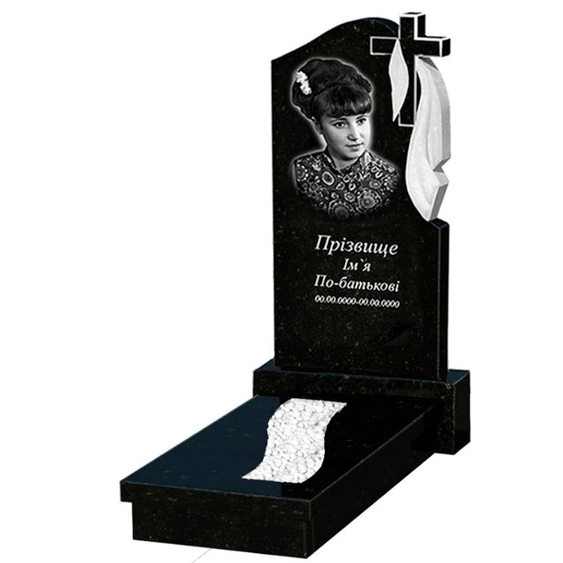 Основне Надгробний пам'ятник із граніту габро одинарний із чорного граніту Коростишів з хрестом та плащаницею різьблений к23-kor-pf-100-50-08-142-r