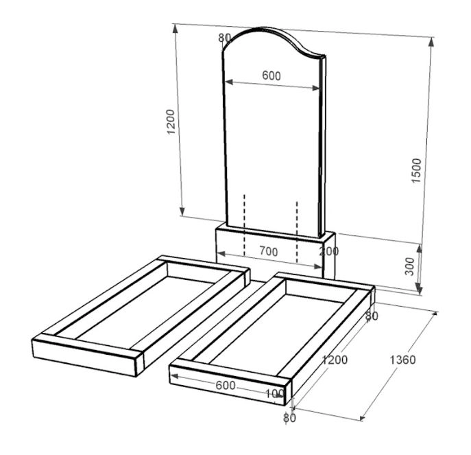 Розміри Гранітний пам'ятник з квітником без плити подвійний із чорного граніту Коростишів з хвилею різьблений к14-kor-npf-120-60-08-011