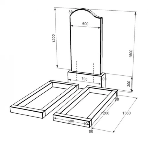 Розміри Гранітний пам'ятник з квітником без плити подвійний із чорного граніту Коростишів з хвилею різьблений к14-kor-npf-120-60-08-011