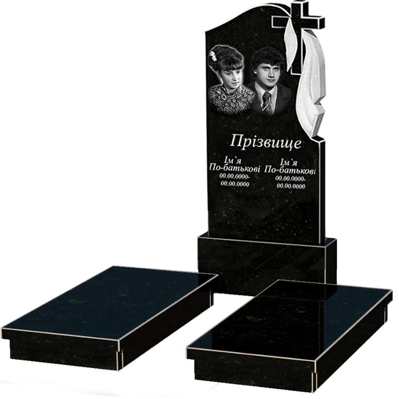 Основне Гранітний пам'ятник великий подвійний із чорного граніту Коростишів з хрестом та плащаницею різьблений к19-kor-npf-120-60-08-142-r