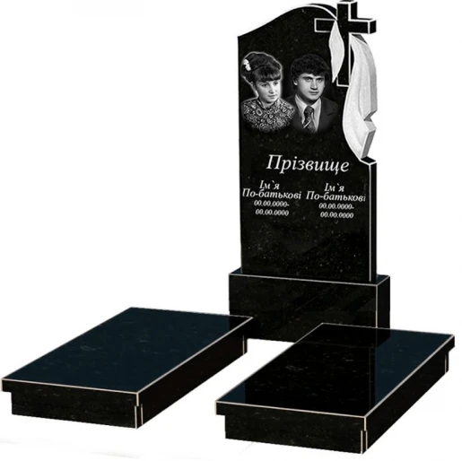 Гранітний пам'ятник великий подвійний із чорного граніту Коростишів з хрестом та плащаницею різьблений к19-kor-npf-120-60-08-142-r