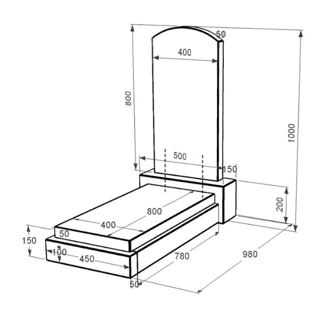 Размеры Памятник из гранита с надгробной плитой одинарный из черного гранита Коростышев с дугой резной к12-kor-npf-80-40-05-009