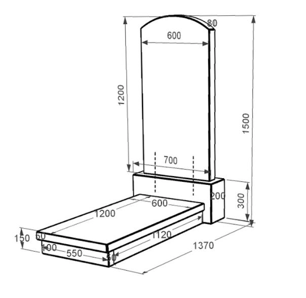 Розміри Пам'ятник із граніту стела 120х60 см 1500x700x1370 одинарний з дугою із чорного граніту Коростишівського кар'єруДуга 009 к10-kor-npf-120-60-08-009