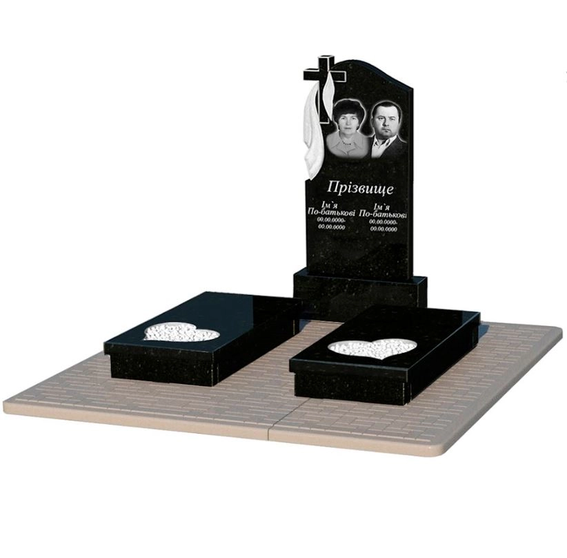 Основное Памятник из гранита с противоусадочной плитой двойной из черного гранита Коростышев с сердцем резная работа к20-kor-pf-100-50-08-142-pbd2