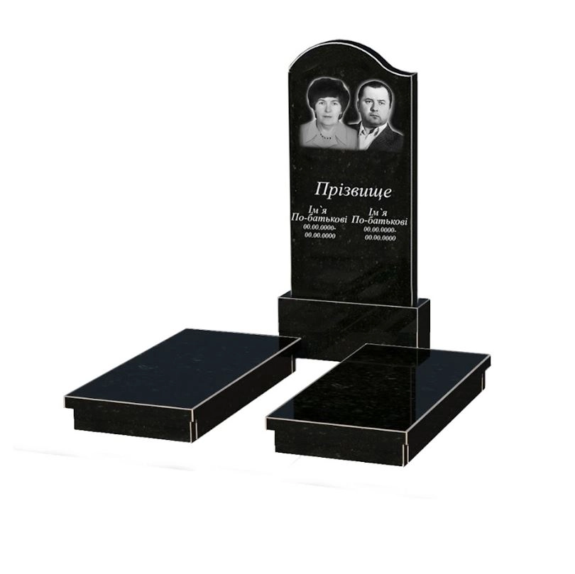 Основне Гранітний пам'ятник з повним поліруванням сторін подвійний із чорного граніту Коростишів з хвилею різьблений к19-kor-npf-120-60-08-011