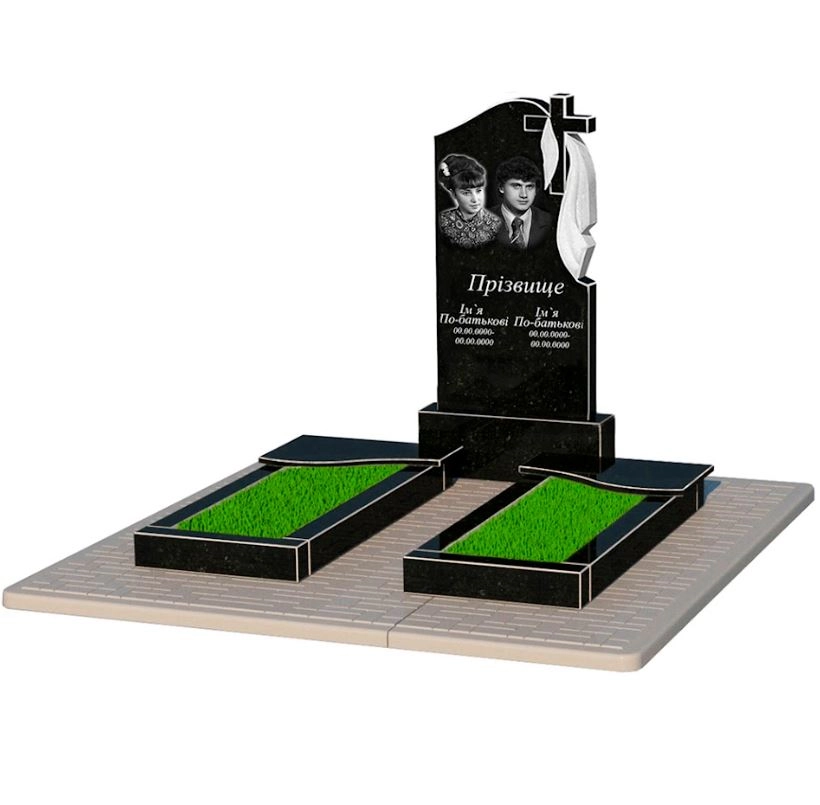 Основне Гранітна плита на могилу подружжю подвійний із чорного граніту Коростишів з хвилею різьблений к15-kor-npf-100-50-08-142-r-pbd2