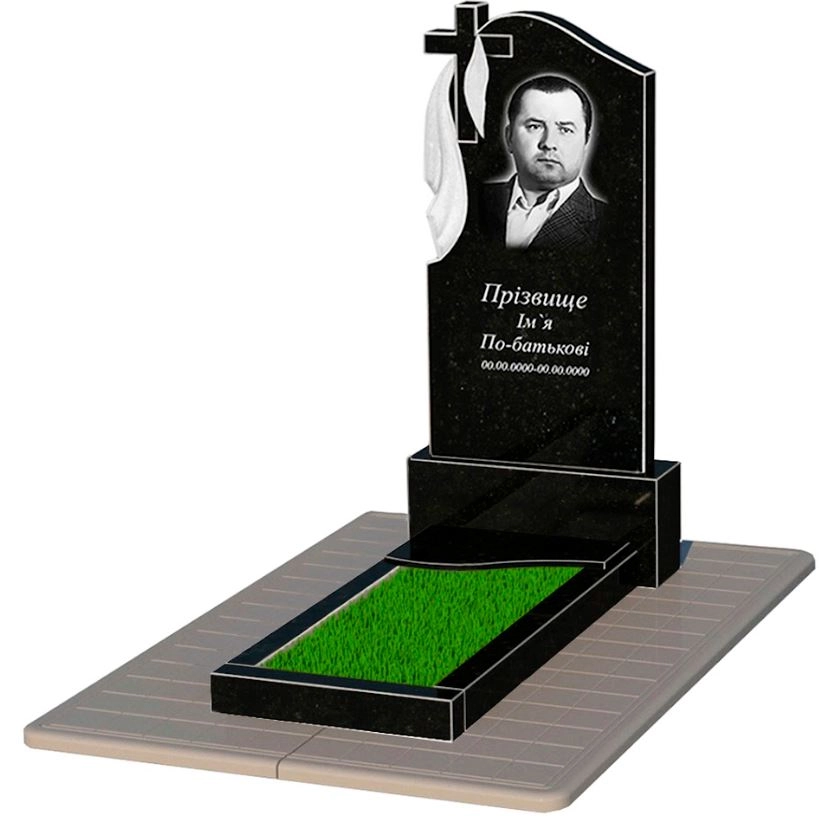 Основне Гранітний пам'ятник із неполірованими фасками одинарний із чорного граніту Коростишів з хвилею різьблений к4-kor-npf-120-60-08-142-pbd3