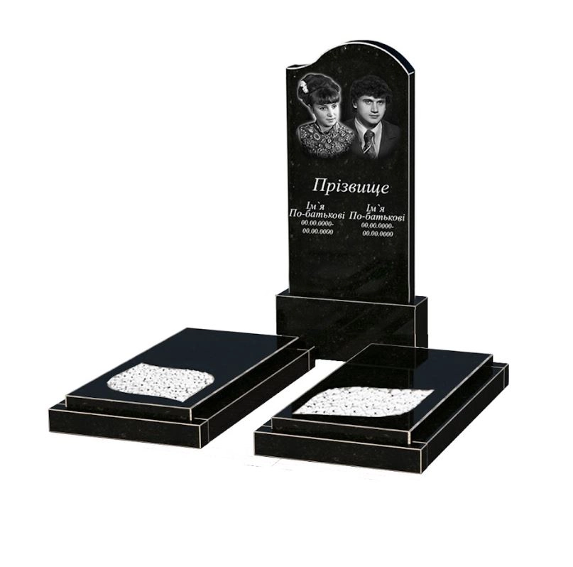 Основне Гранітний пам'ятник на кладовище елітний подвійний із чорного граніту Коростишів з хвилею та листом різьблений к22-kor-npf-120-60-08-011-r