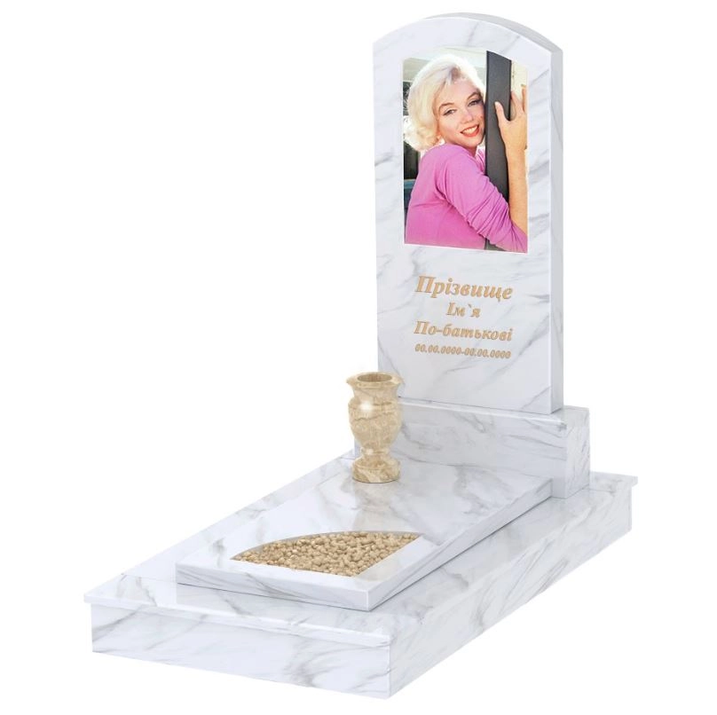 Основне Мармуровий пам'ятник з цоколем одинарний з білого мармуру Волокас з вирізаним куточком к9-vol-pf-100-50-08-009-ck