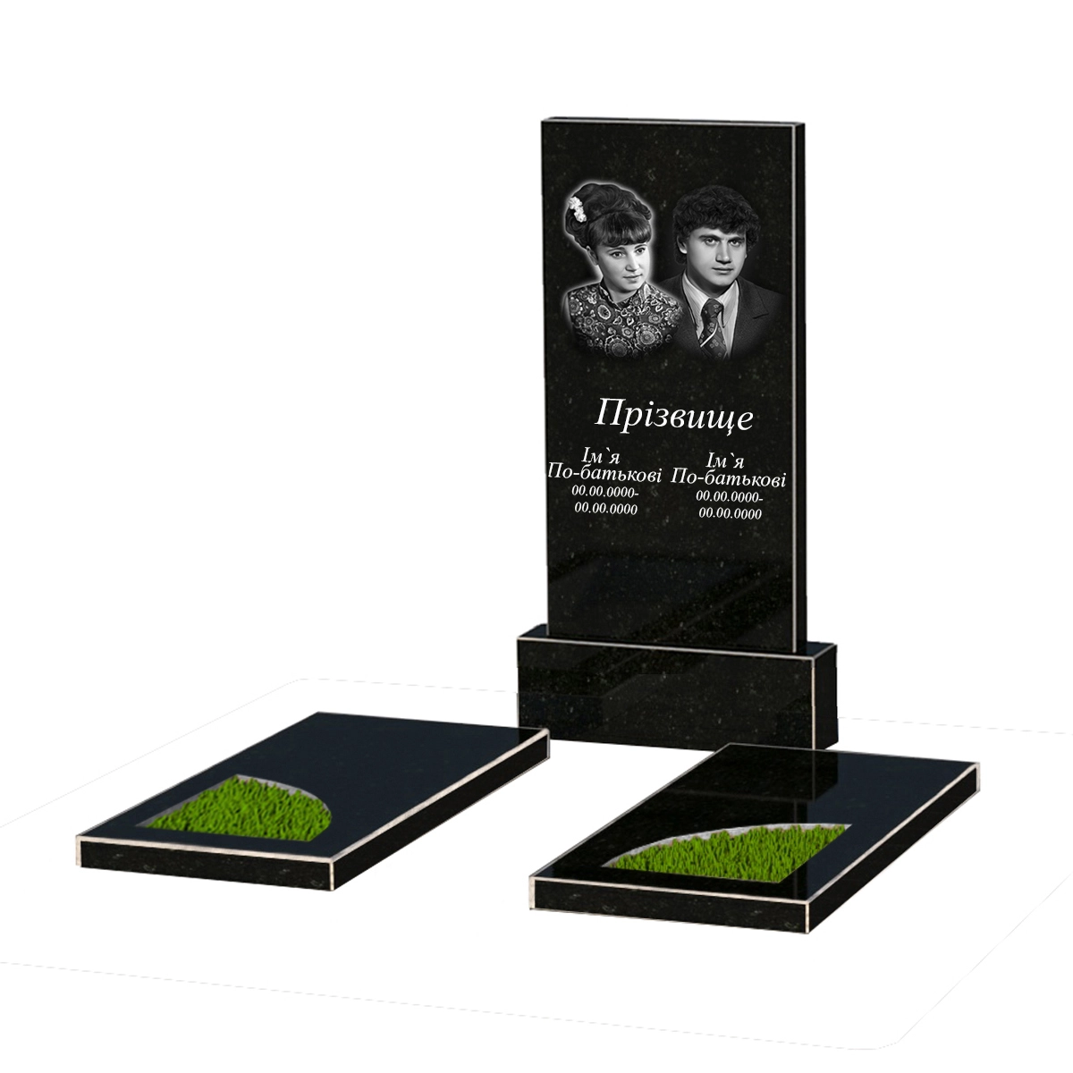 Основне Подвійний гранітний пам'ятник із чорного граніту Коростишів з вирізаним куточком к18-kor-npf-100-50-08-001