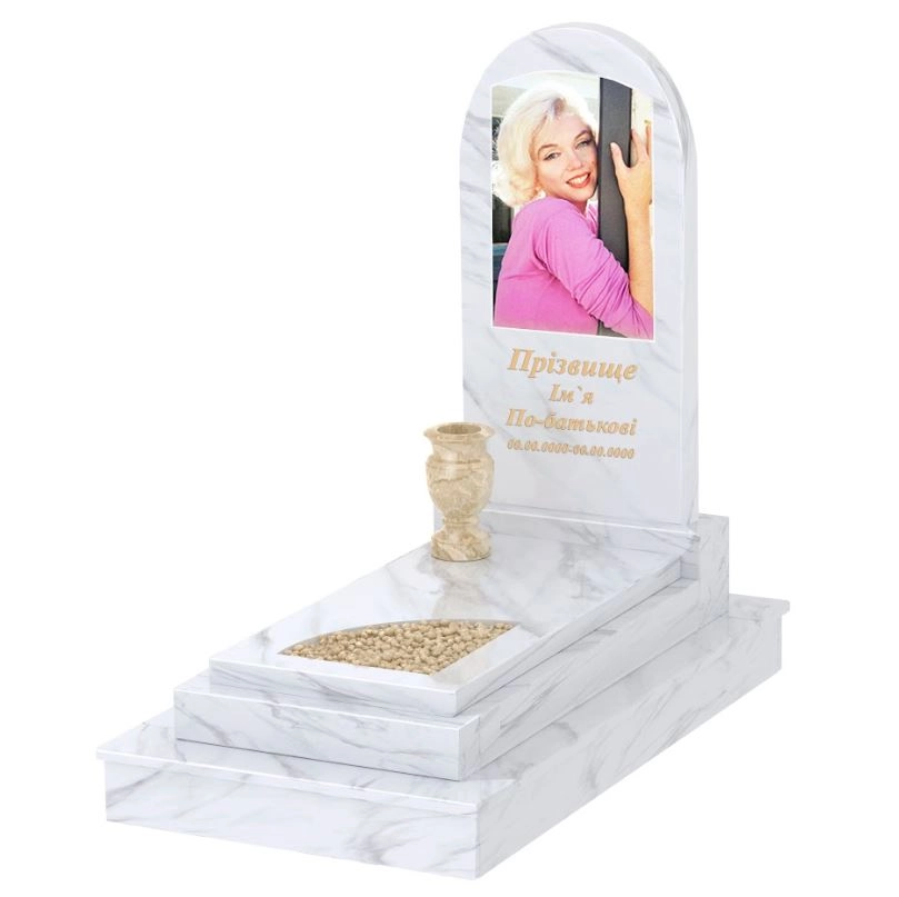 Основне Мармуровий пам'ятник з полукруглою стелою одинарний з білого мармуру Волокас з вирізаним куточком к24-vol-pf-100-50-08-006-ck