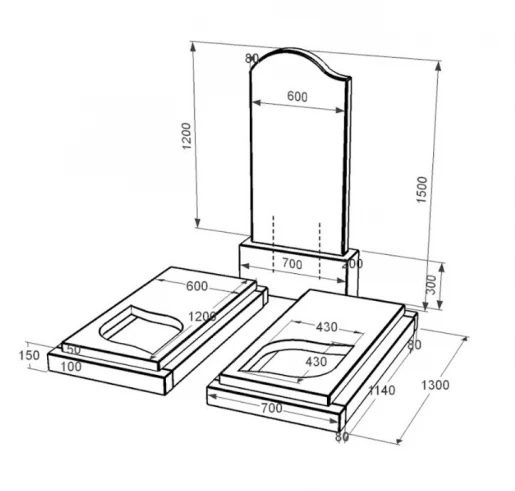 Розміри Гранітний пам'ятник чорного кольору подвійний із чорного граніту Коростишів з листом різьблена робота к22-kor-pf-120-60-08-011-l