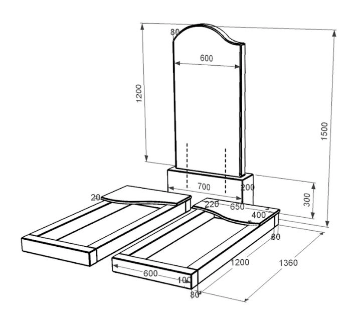 Размеры Гранитный надгробный памятник вертикальный двойной из черного гранита Коростышев с волной резной к15-kor-npf-120-60-08-011