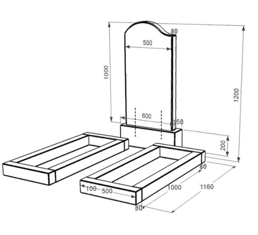 Размеры Двойной гранитный памятник из черного гранита Коростышев с волной резной к14-kor-pf-100-50-08-011-l