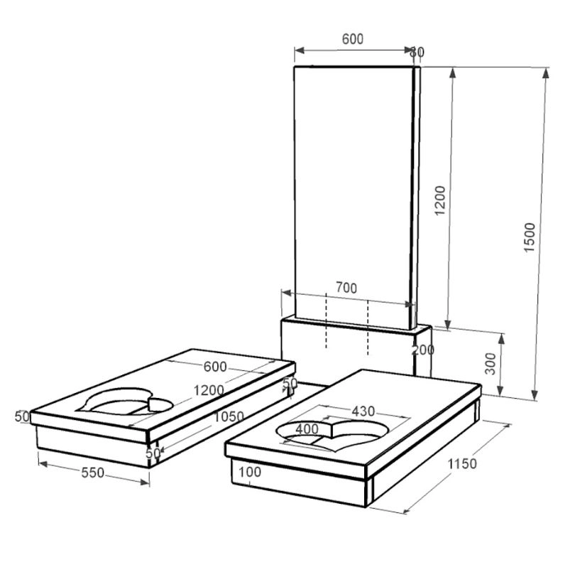 Розміри Гранітний надгробок з декоруванням штучним газаном подвійний із чорного граніту Коростишів з серцем різьблена робота к20-kor-npf-120-60-08-001
