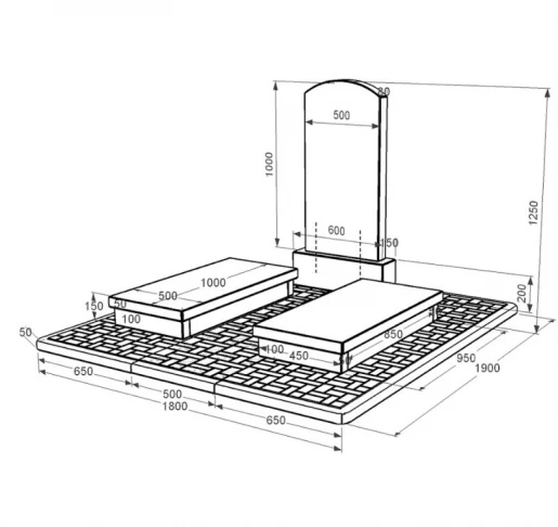Размеры Гранитный памятник габбро двойной с дугой резной из черного гранита Коростышев Дуга 009 к19-kor-pf-100-50-08-009-pbd2