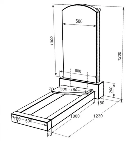 Размеры Гранитный памятник дугообразный одинарный из черного гранита Коростышев с волной резной к4-kor-npf-100-50-08-009