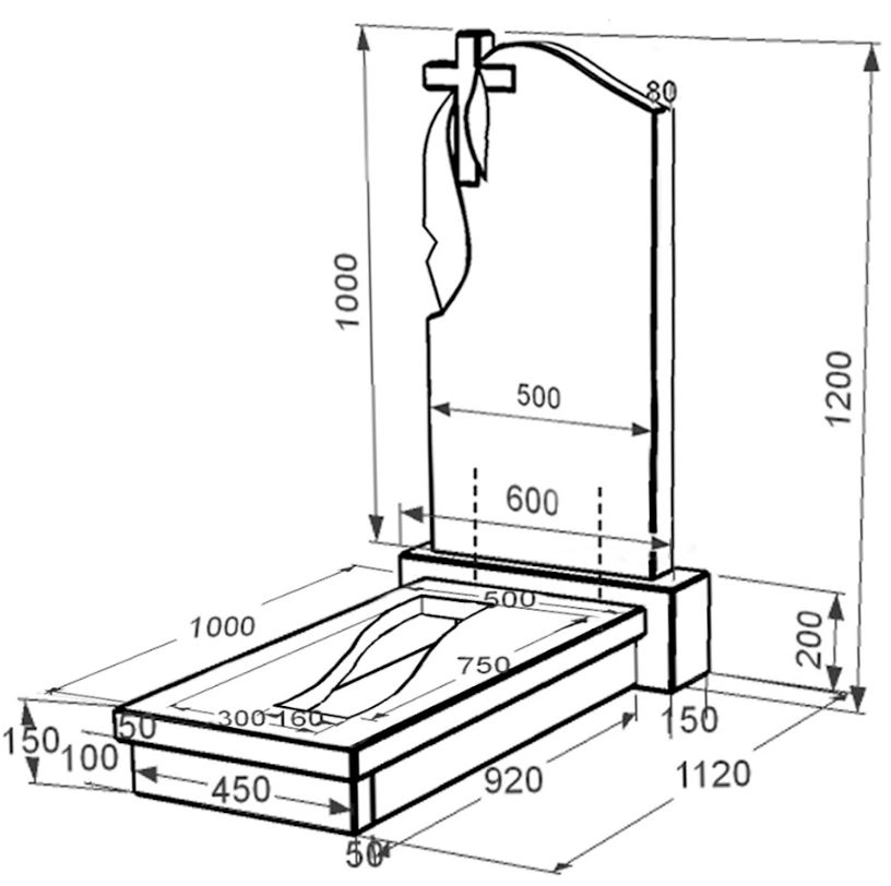Розміри Гранітний пам'ятник з вирізаною смугою одинарний із чорного граніту Коростишів з хрестом різьблений з плащаницею різьблений к23-kor-pf-100-50-08-142