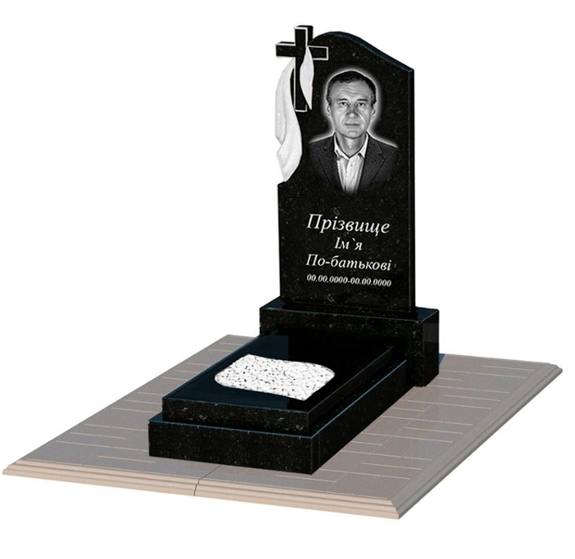 Основне Гранітний камінь на могилу батькові одинарний із чорного граніту Коростишів з листом різьблена робота к13-kor-pf-80-40-05-142-pbd1