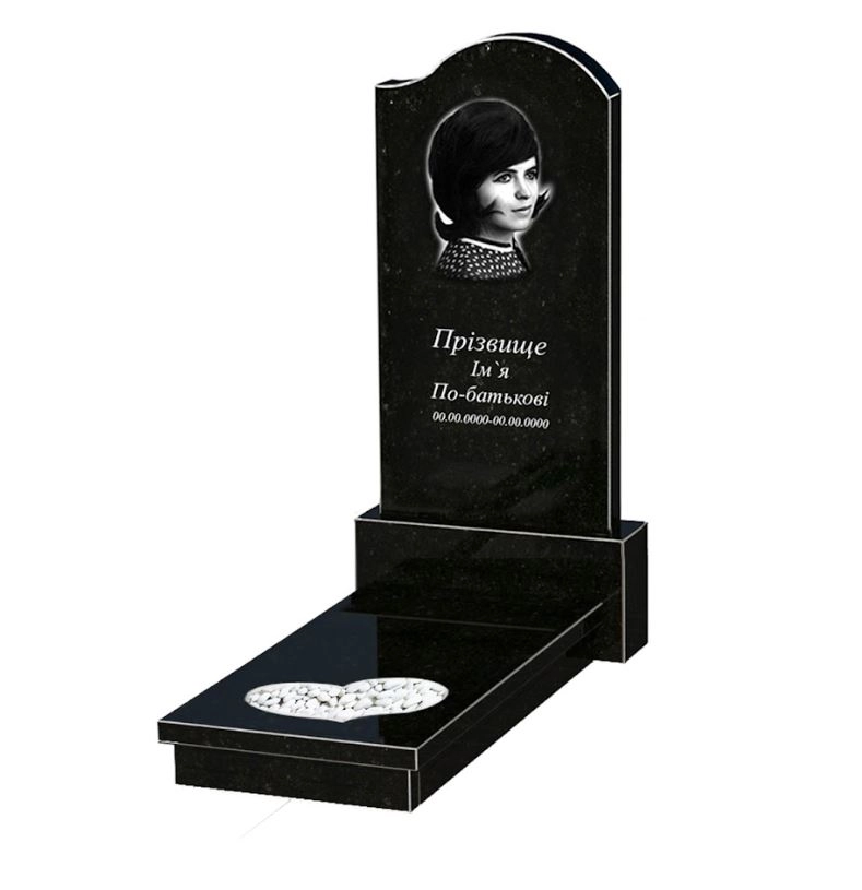 Основне Гранітний пам'ятник з декоруванням білою галькою одинарний із чорного граніту Коростишів з хвилею та серцем різьблений к11-kor-npf-120-60-08-011-r