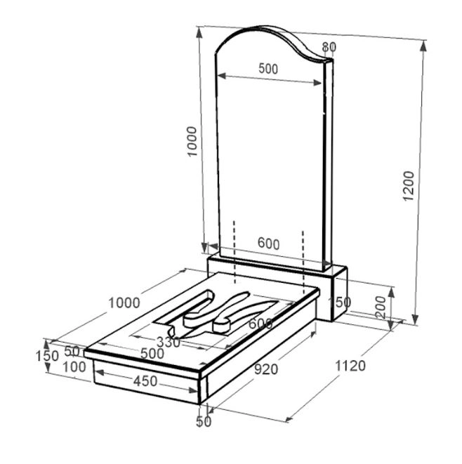 Розміри Пам'ятник на цвинтар з граніту 120 см висотою одинарний із чорного граніту Коростишів з Тризубом вирізаним к8-kor-npf-100-50-08-011