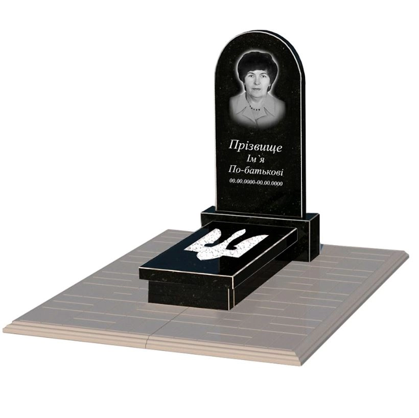 Основное Гранитное надгробие на могилу из черного гранита Коростышев одинарное с Трезубом вырезанным к8-kor-npf-80-40-08-006-pbd1