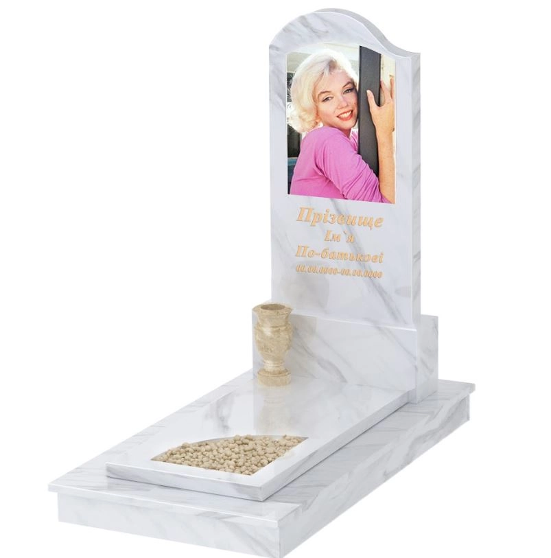 Основне Мармуровий пам'ятник на могилу одинарний з білого мармуру Волокас з вирізаним куточком к9-vol-pf-120-60-08-011-l-ck