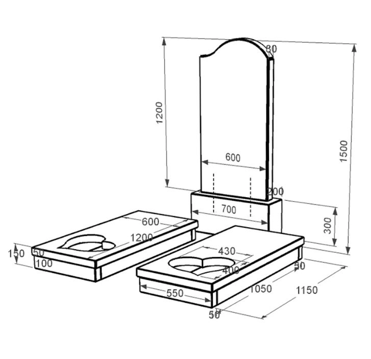 Розміри Гранітний пам'ятник з серцем та хввилею різьблена робота подвійні із чорного граніту Коростишів к20-kor-npf-120-60-08-011-r