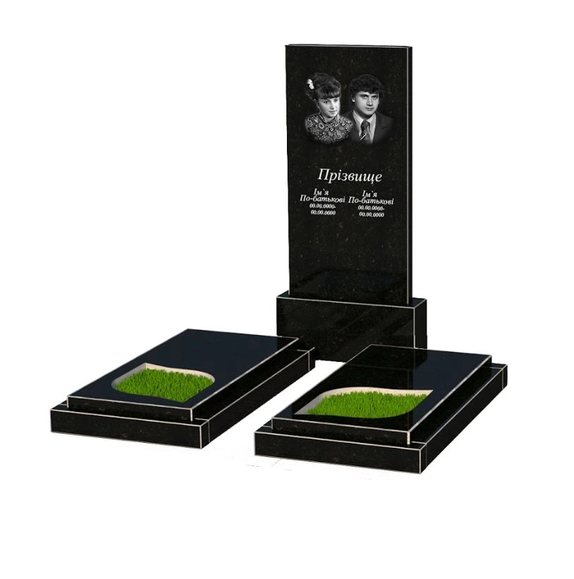 Основне Гранітний пам'ятник на кладовище із неполірованими фасками подвійний із чорного граніту Коростишів з листом різьблена робота к22-kor-npf-120-60-08-001