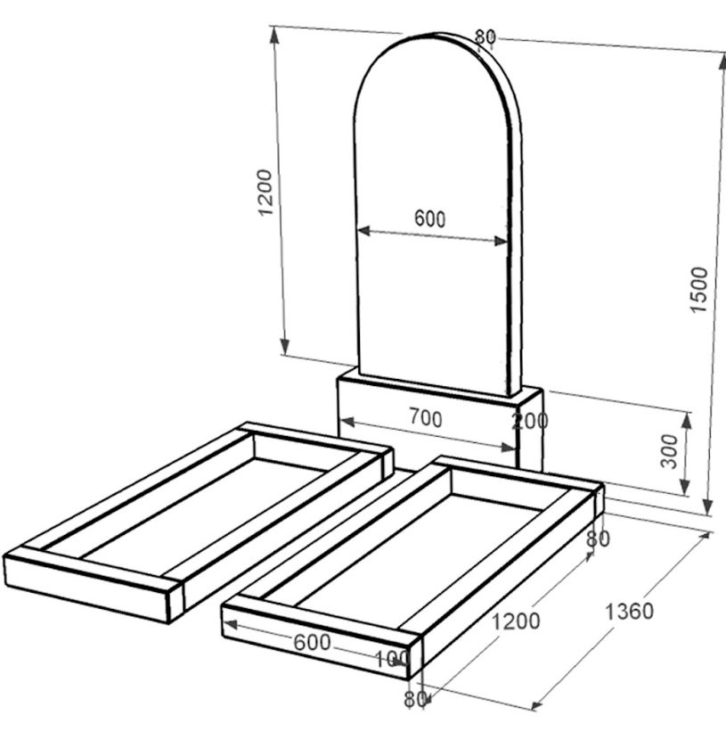 Размеры Гранит надгробие вертикальное двойное из черного гранита Коростышев с полукруглой стелой к14-kor-npf-120-60-08-006