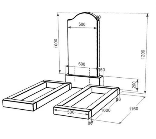 Размеры Надгробие из гранита высотой 120 см двойное из черного гранита Коростышев с волной резное к14-kor-pf-100-50-08-011-r